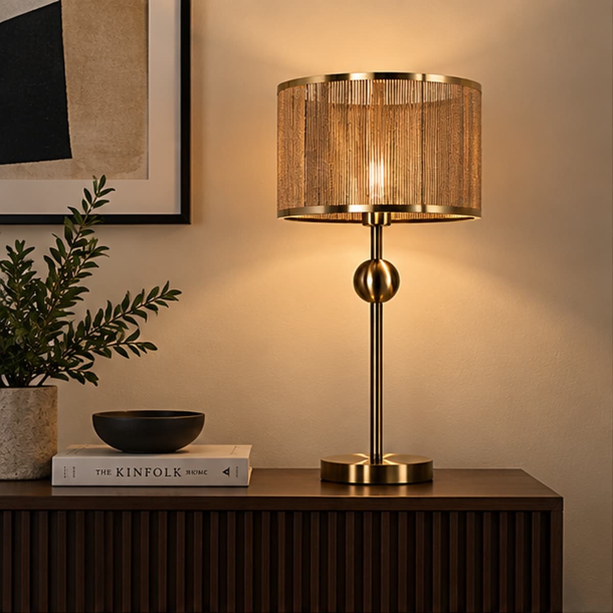 Pleated Thread Shade Table Lamp with Brass Ring Detail