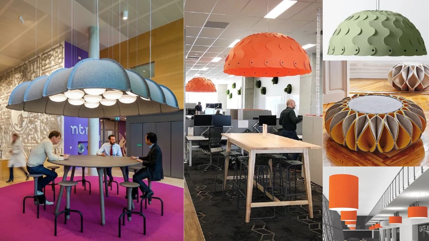 Acoustic pendants over workplace tables, from the acoustic catalogue