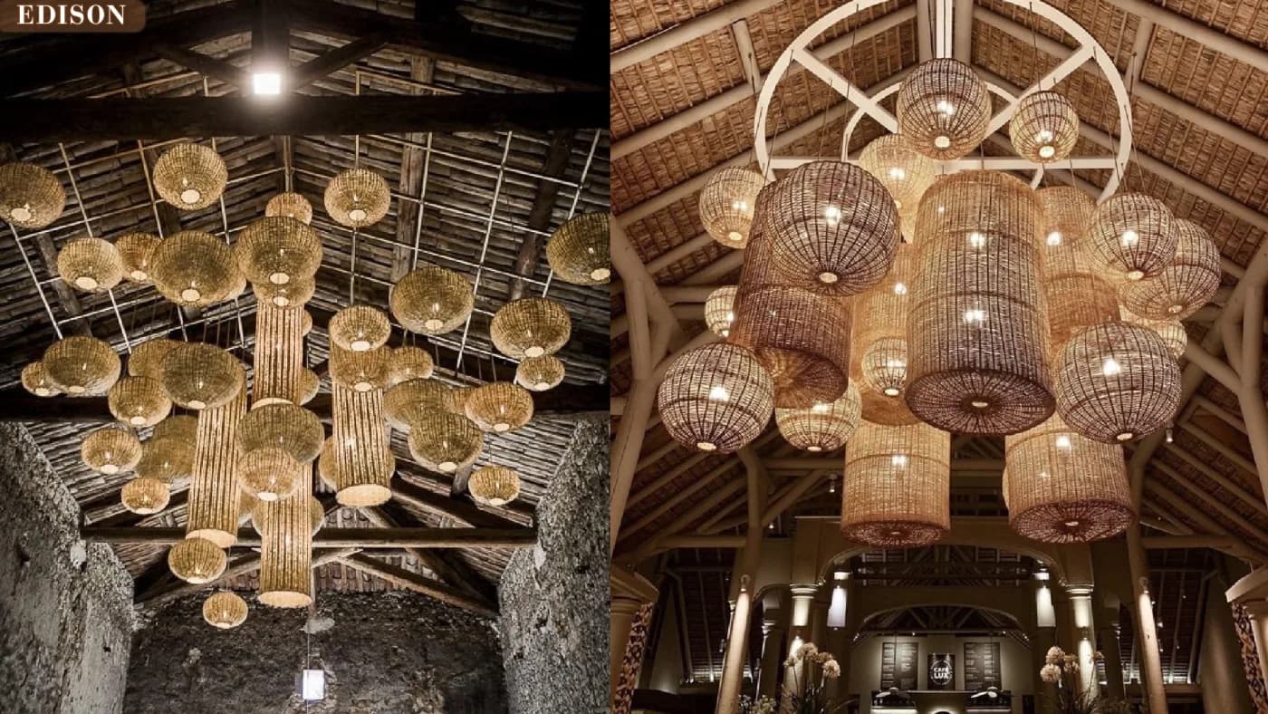 Large cane pendant installation across a ceiling, from the cane catalogue