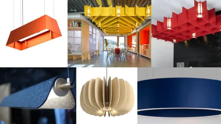 Coloured acoustic baffles and ceiling rafts in orange, yellow and red