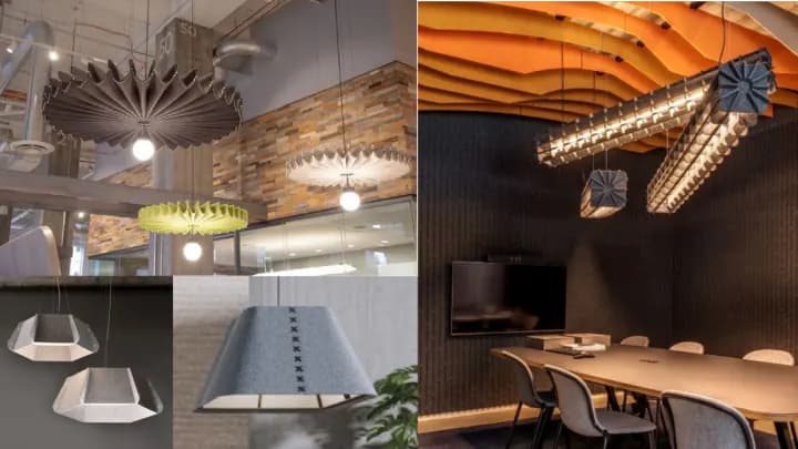 Acoustic pendants and shades in an office and a meeting room