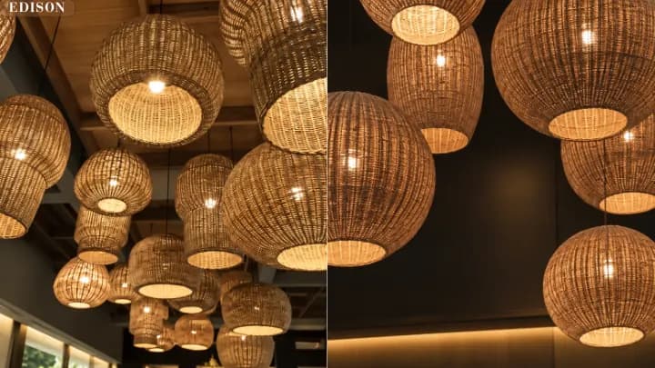 Woven cane pendants over a restaurant floor, in three sizes