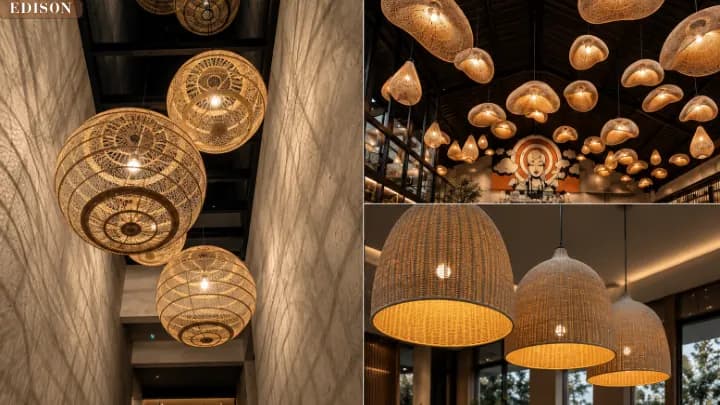 Cane pendants dropped through a stairwell and over a lounge