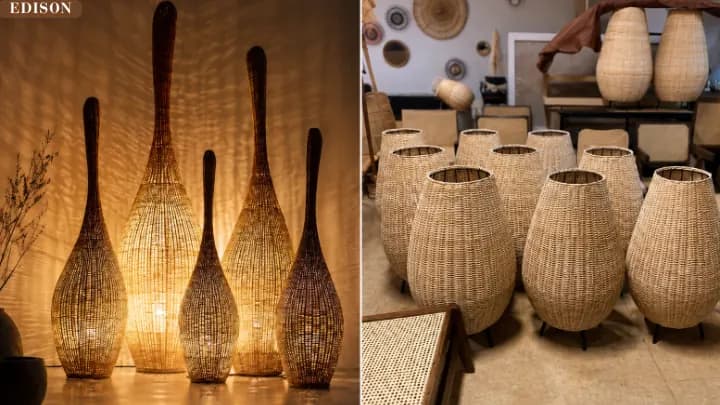 Tall cane floor lamps, and shades stacked in the workshop