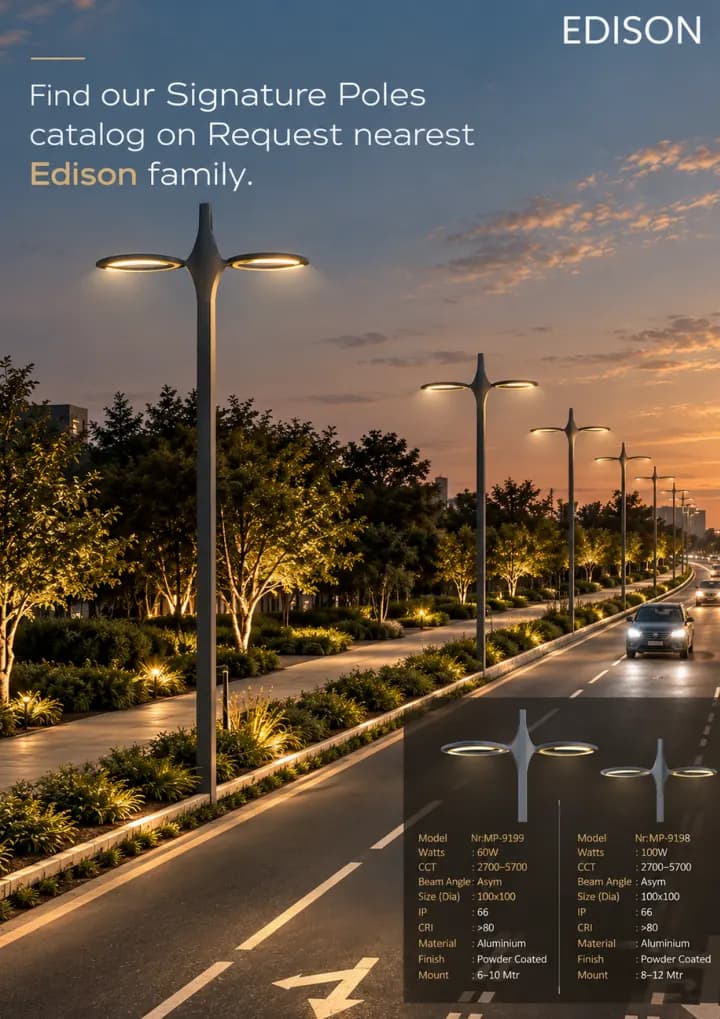 Twin-head street poles along a landscaped road, with model specifications