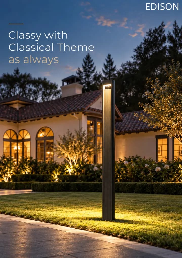 A villa facade and garden lit by path bollards