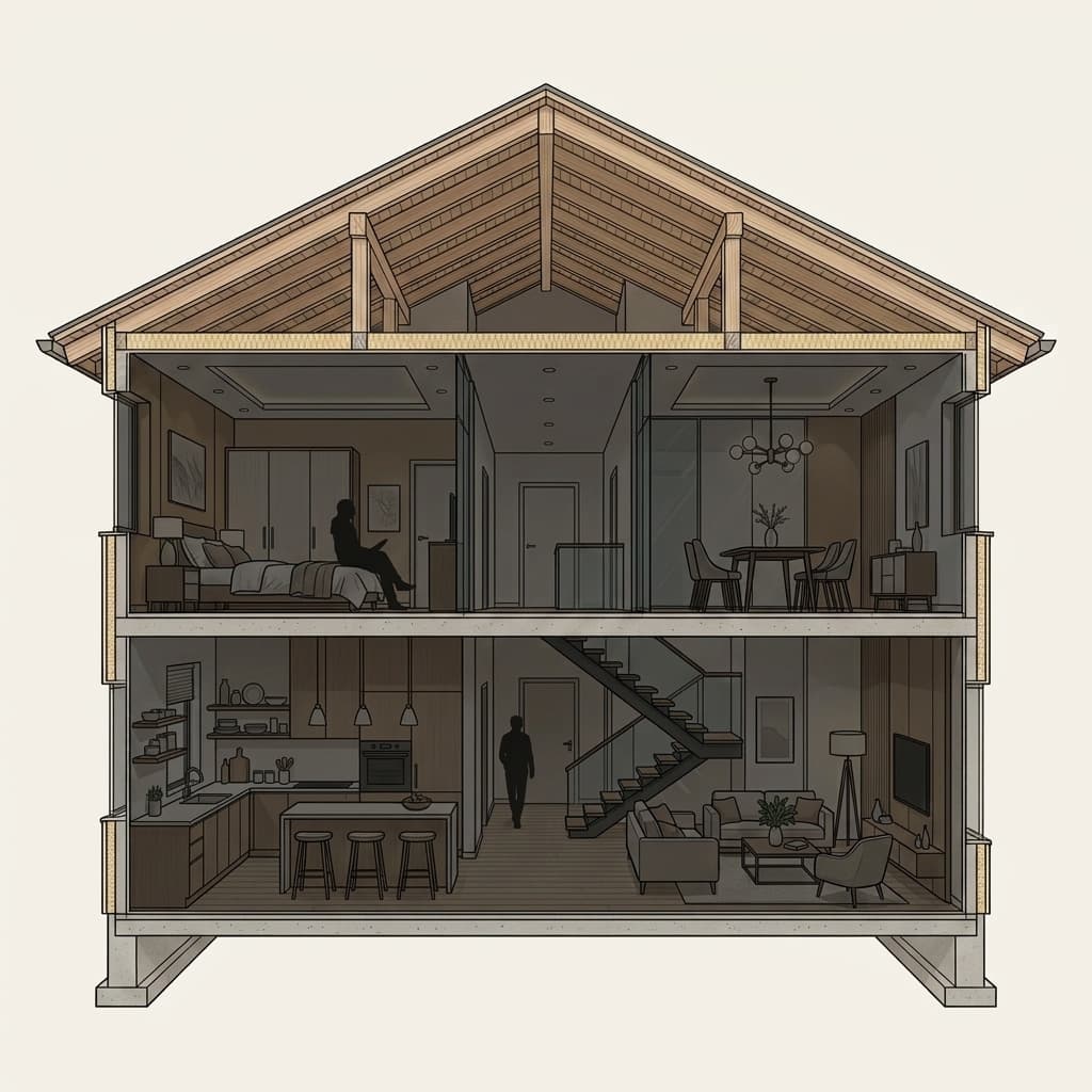 Architectural open-front house interior cross-section illustration