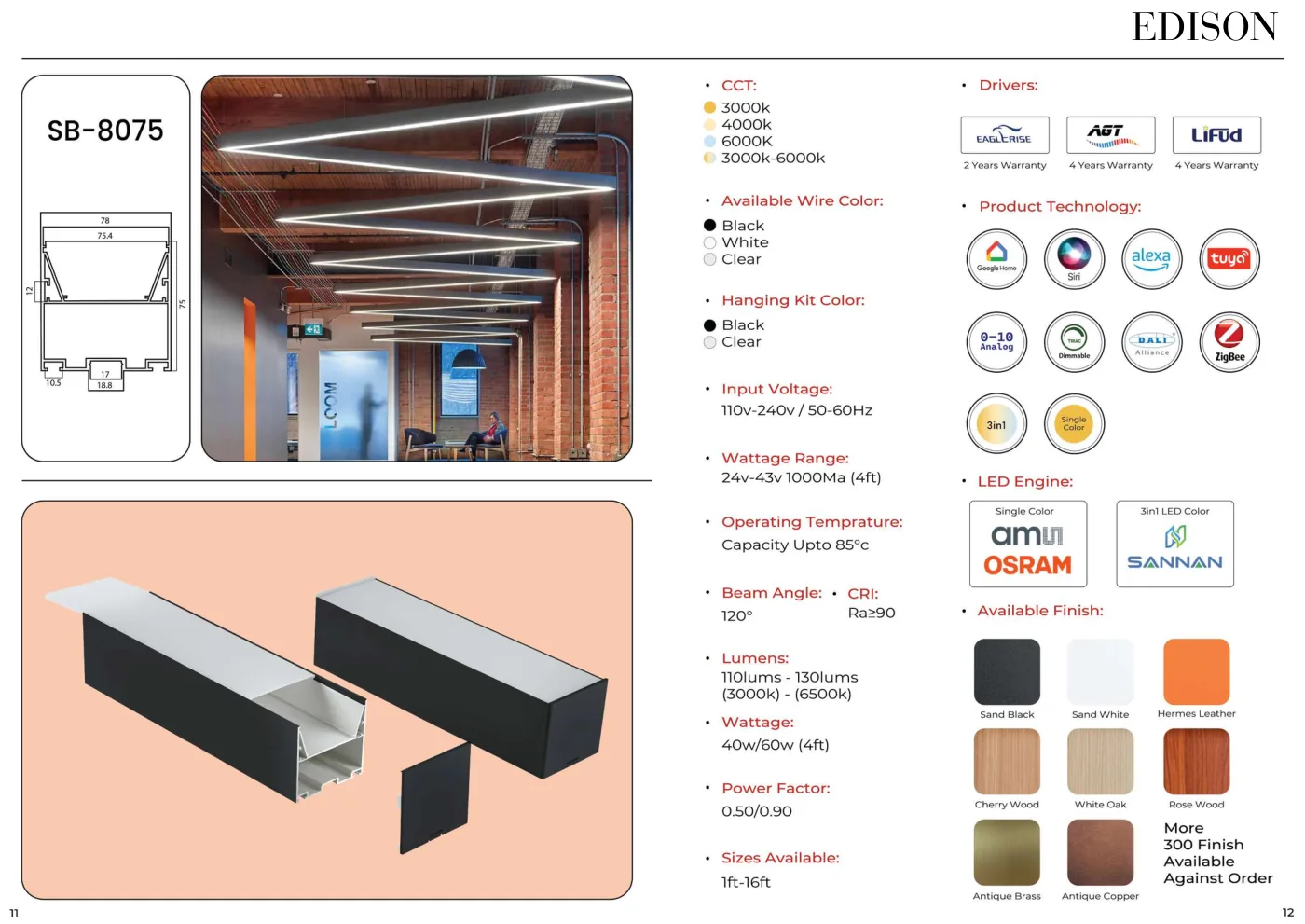 SB-8075 profile family page, with module configurations and finishes