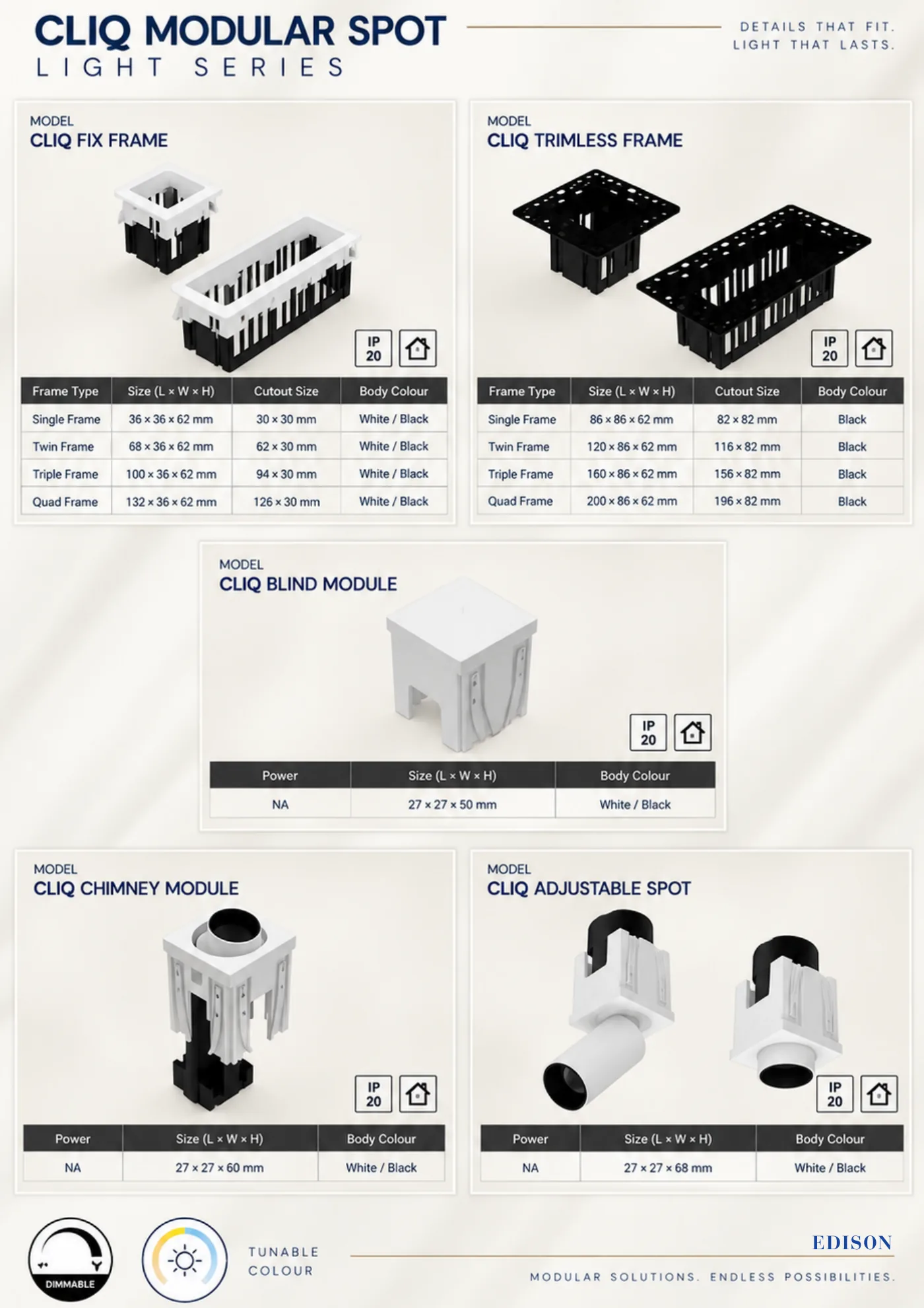 CLIQ Modular Spot Light Series page: fix and trimless frames with modules